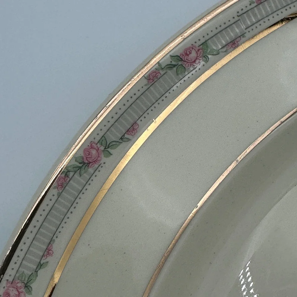 Taylor Smith Taylor Dinner Plates Set of 4 Pink Rose Gold Trim Ivory Vintage
